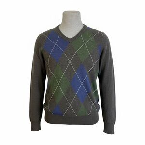 Fossil Men’s Argyle V Neck Sweater Blue Green Preppy Classic Knit Small